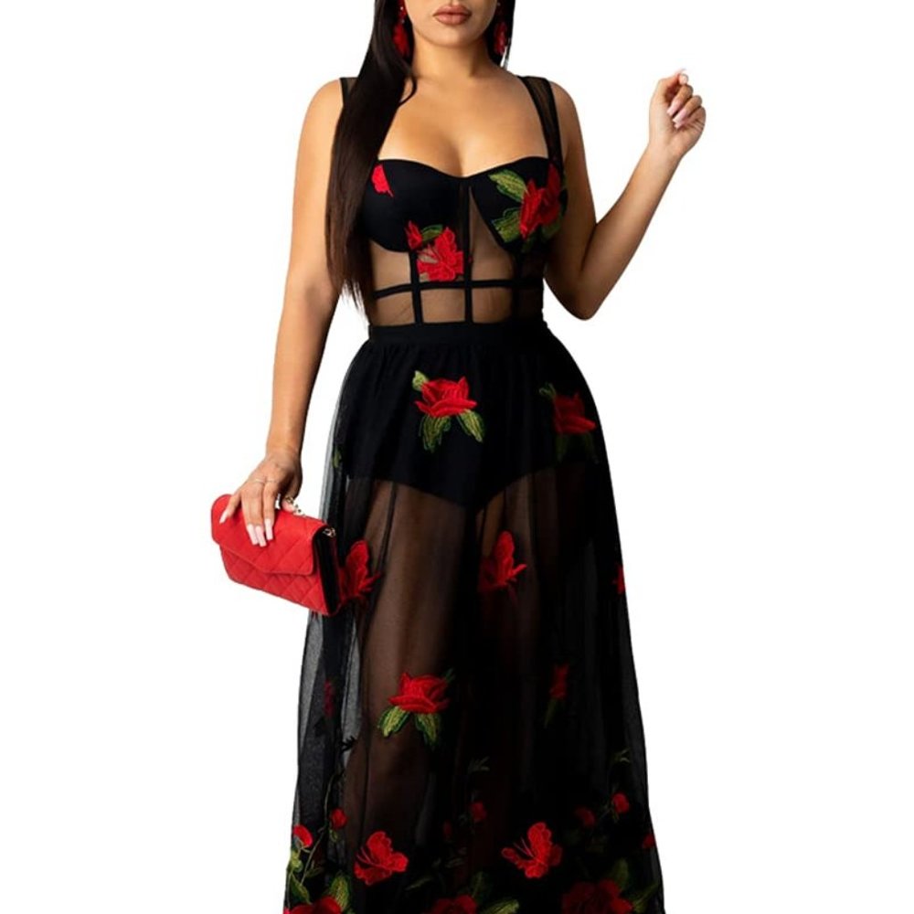 Brand New Women's Mesh Floral Embroidery Dress Spaghetti Strap Backless dress